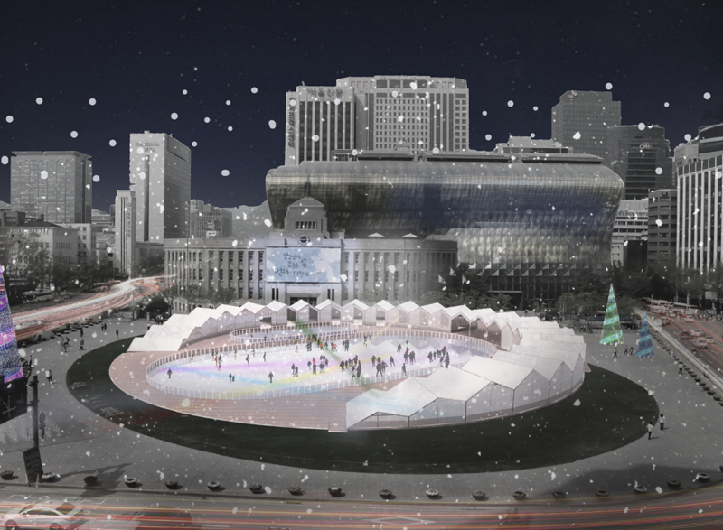 The Seoul Metropolitan Government on Dec. 20 said the Seoul Plaza Skating Rink will be open for 52 days from Dec. 22 to Feb. 11. Shown is a bird's-eye view of the rink in the capital's Jung-gu District. 