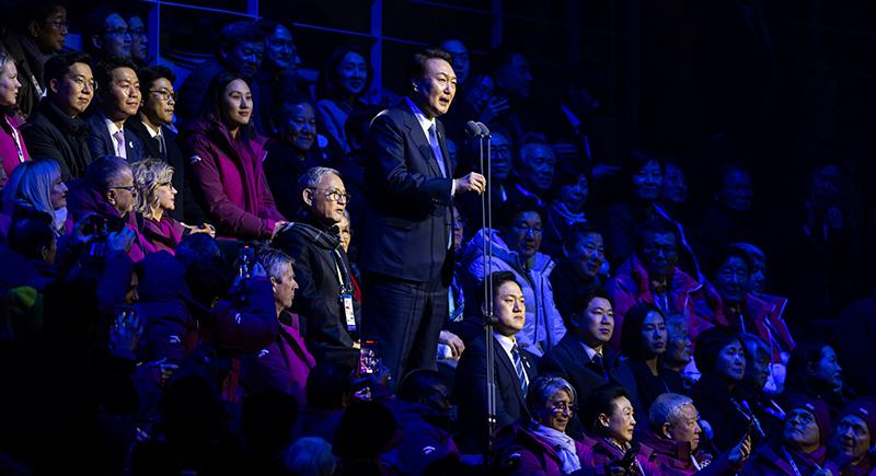 President Yoon Suk Yeol on Jan. 19 declares the opening of Gangwon 2024 at the Gangneung Oval in Gangneung, Gangwon-do Province.