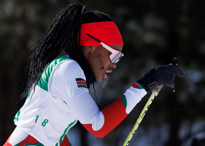 Kenyan cross-country skier Ashley Tshanda Ongong'a on Jan. 30 competes in the women's cross-country skiing 7.5 km classic at the Alpensia Biathlon Centre in Pyeongchang-gun County, Gangwon-do Province.