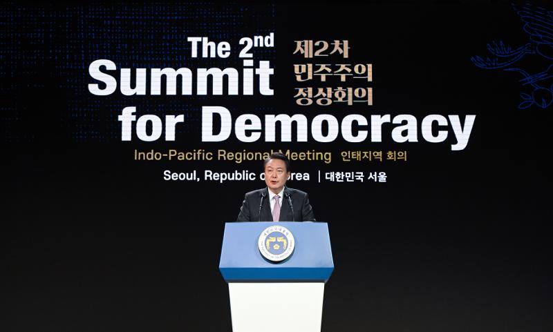 President Yoon Suk Yeol on March 30, 2023, gives a welcoming speech at the Indo-Pacific Regional Meeting of the second Summit for Democracy at the hotel Shilla Seoul in the capital's Jung-gu District. (Kang Min Seok from Office of the President)