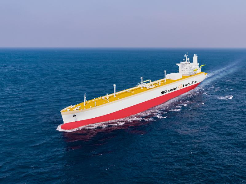 The Ministry of Oceans and Fisheries on July 2 announced at a Cabinet meeting its plans to set up the world's first global green shipping corridor. Shown is a vessel powered by eco-friendly ammonia developed by Hanwha Ocean. (Hanwha Ocean) 