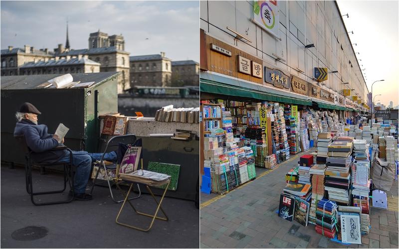 A bouquiniste is a street vendor in Paris selling used books, old manuscripts, pictures and envelopes in green boxes along the Seine River; the business goes as far back as the 16th century. In Korea, such a business appeared after national liberation from Japanese colonial rule in 1945 and the Korean War (1950-53), mainly for the working class, and peaked during the country's rapid industrialization in the 1970s. On the left is a bouquiniste along the Seine and on the right are used book sellers along Cheonggyecheon Stream in Seoul. (Yonhap News and Cheonggyecheon Museum)