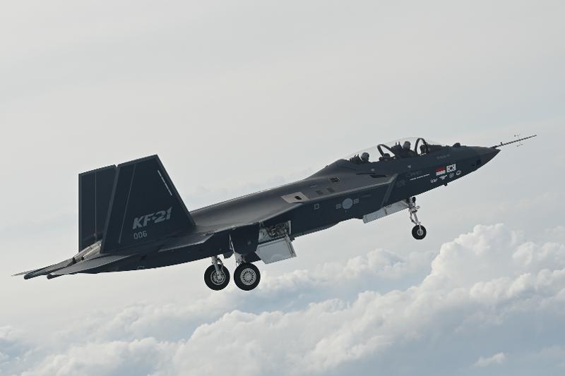 Production of the KF-21, the country's first supersonic fighter developed with domestic technology, has started with its assembly. Shown is the maiden flight of the sixth and final KF-21 prototype on June 28, 2023, at the Republic of Korea Air Force's 3rd Flight Training Wing in Sacheon, Gyeongsangnam-do Province. (Korea Aerospace Industries) 