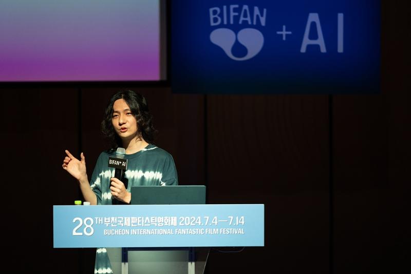Director Kwon Hansl on July 5 presents at the BIFAN+ AI International Conference at Arts Theater of Bucheon Art Center in Bucheon, Gyeonggi-do Province.  