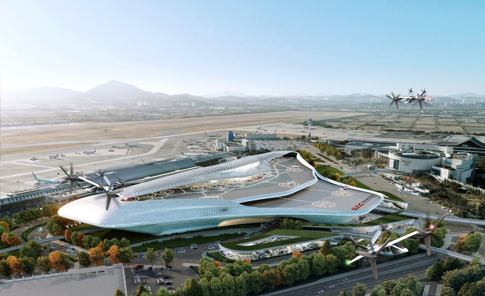 This bird's eye view shows complex transfer facilities for urban air mobility at Gimpo International Airport in Seoul's Gangseo-gu District. (Seoul Metropolitan Government)  