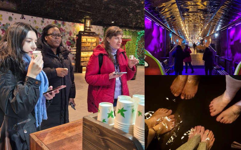 Three foreign promoters of Korean culture on Jan. 7 taste wine and take a wine foot bath at Muju Meoru Wine Cave in Muju-gun County, Jeollabuk-do (Jeonbuk-do) Province. (Jang Jin-young) 