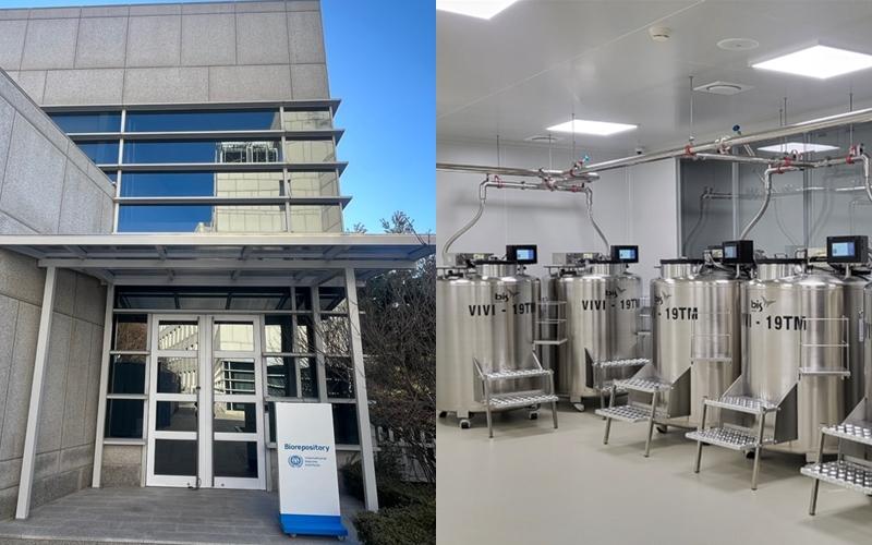On the left is the entrance to the Seoul-based International Vaccine Institute's Biorepository, a global center for bioresources, and on the right are liquid nitrogen tanks inside the center. (Korea Disease Control and Prevention Agency)