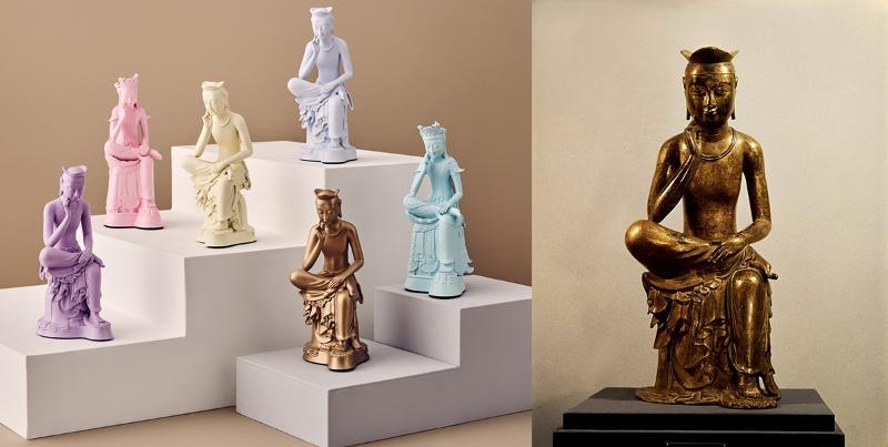 On the left are miniatures of the statue Pensive Bodhisattva and on the right is the original work made in the late sixth century. (National Museum Foundation of Korea and Korea Heritage Service)