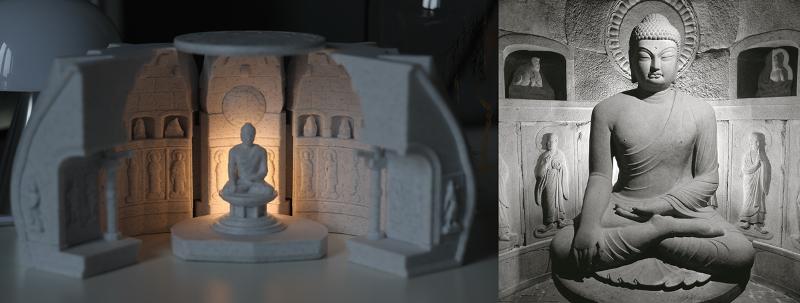 On the left is a replica of a lighted Buddha at Seokguram Grotto and on the right is the original landmark. (National Museum Foundation of Korea and National Museum of Korea)