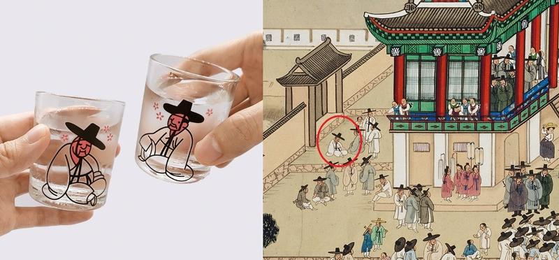 On the left is the Drunken Seonbi's (Confucian Scholar-Official) Discoloration Cup Set and on the right is Joseon Dynasty artist Kim Hong Do's work 
