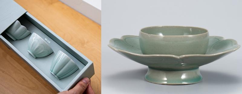 Left is a celadon cup set and on the right is a celadon cup from the Goryeo Dynasty (918-1392). (National Museum Foundation of Korea and National Museum of Korea)