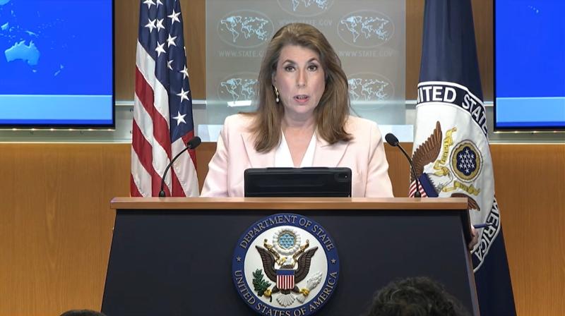 U.S. Department of State Spokesperson Tammy Bruce on March 19 holds a regular briefing in Washington. (Screen capture from department's website)  