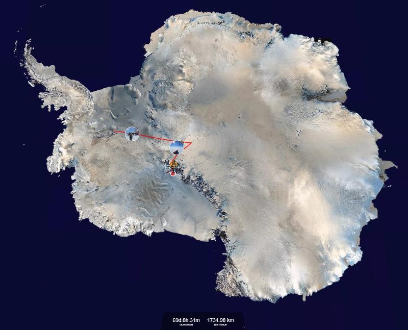 Kim Youngmi's route on her solo trip across Antarctica is marked in red. She transmitted her location coordinates once an hour through the GPS system to inform those in Korea of her whereabouts. (Kim's Instagram page)