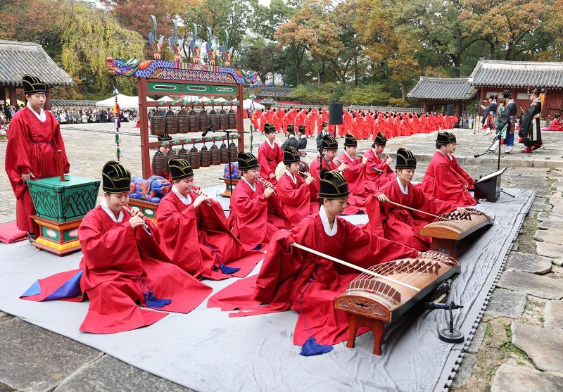 Jongmyo Jeryeak, or Royal Ancestral Ritual Music of Jongmyo Shrine, is held on Nov. 4, 2023, at the shrine's Yeongnyeongjeon Hall in Seoul. (Korea Heritage Service)
