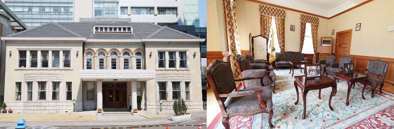 On the left is Gyeonggyojang's exterior and on right is the building's reception room. 