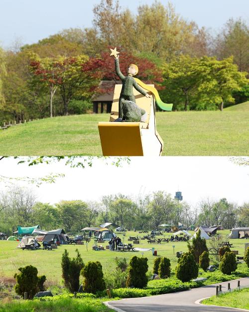 The landscape at Noeul Park includes a statue of the Little Prince (top) and a camping site. (Lee Jeongwoo)  