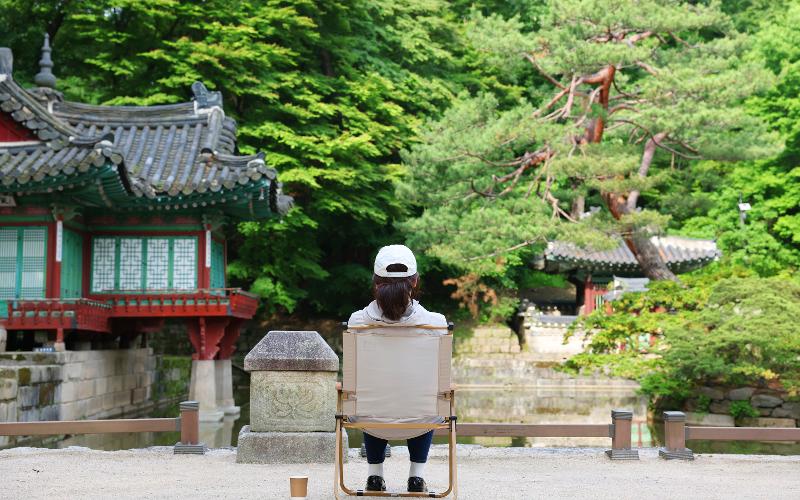  A visitor sits near Buyongji Pond Changdeokgung Palace. Tour participants can sit on chairs placed around the pond and take time out to reflect in nature. They look at commemorative postcards with old poems or records related to spots; this is when poems meet contemplation. 