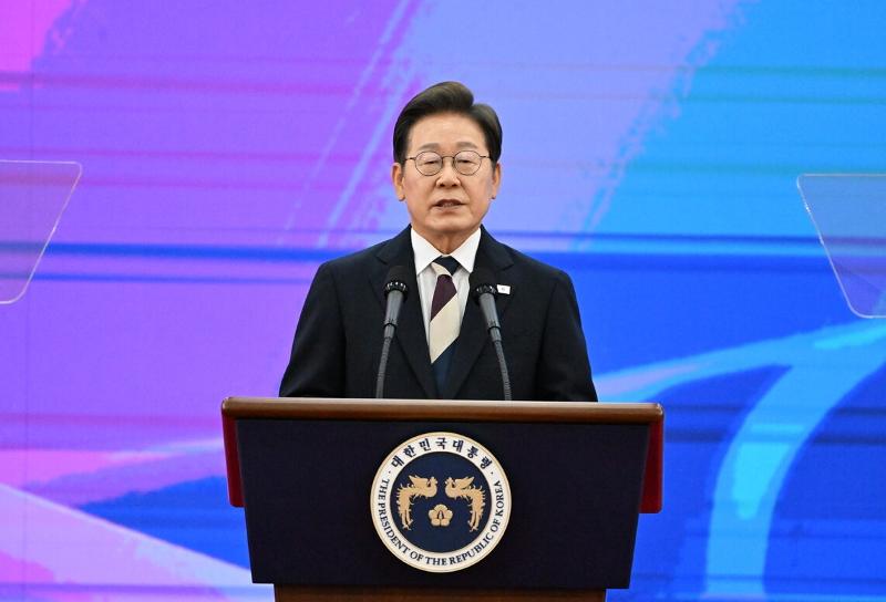 President Lee Jaemyung on June 4 delivers a speech at his inauguration as the nation's 21st leader at Rotunda Hall of the National Assembly in Seoul's Yeongdeungpo-gu District. (National Assembly Photographers' Pool)  