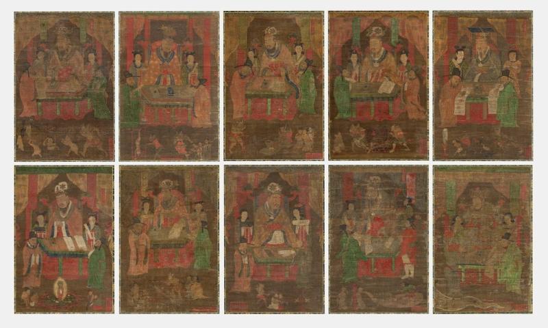 Shown are all 10 panels of the Ten Underworld Kings Painting Set. Among Buddhist paintings from the early Joseon era, this is the only one of the two surviving complete copies with all 10 kings to be housed in Korea.