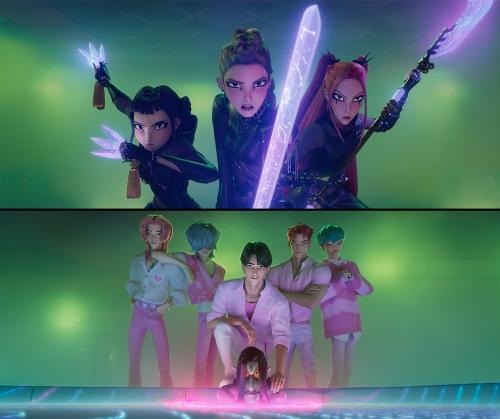 Huntrix (HUNTR/X) and Saja Boys, the two virtual K-pop groups from the Netflix animated musical 