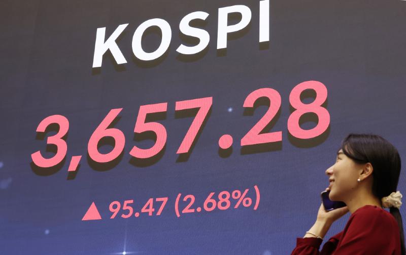 The Korea Composite Stock Price Index (KOSPI) is displayed on the afternoon of Oct. 15 after setting a record high on the Korea Exchange bulletin board in Seoul's Yeongdeungpo-gu District. KOSPI closed at 3,657.28, up 2.68% (95.47) from the previous day. (Yonhap News)
