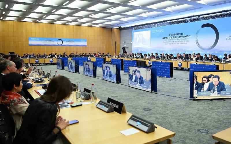 The Ministry of Foreign Affairs on Nov. 20 said Korea was elected vice chair of the Ministerial Council Meeting of the Organisation for Economic Co-operation and Development for next year. Shown is the second session of last year's meeting on May 2, 2024, in Paris. (Ministry of Trade, Industry and Resources)  