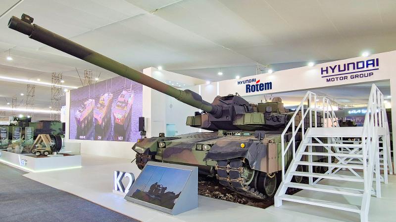 Hyundai Rotem's K2 tank is shown on April 24 at the International Defense and Disaster Prevention Technology Exhibition in Lima, Peru. (Hyundai Rotem)템