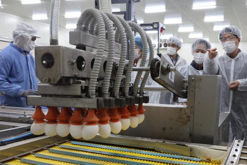 Deputy Minister of Food and Drug Safety Park Jung-hoon (right) on Jan. 26 along with officials from the Ministry of Food and Drug Safety, aT and the importer inspect the productization process of imported American eggs in Seobuk-gu District of Cheonan, Chungcheongnam-do Province.  