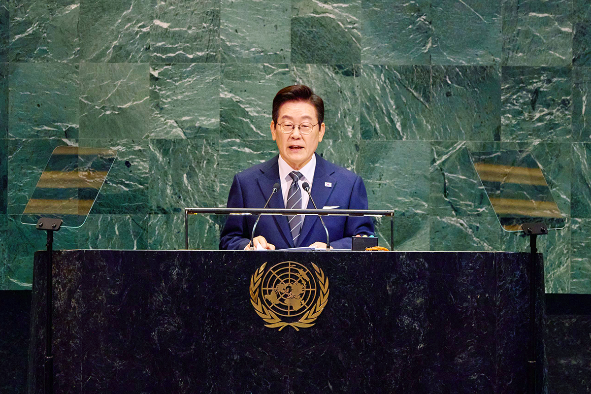 President Lee Jae Myung on Sept. 23, 2025, gives a keynote speech at the United Nations General Assembly in New York. (Cheong Wa Dae)