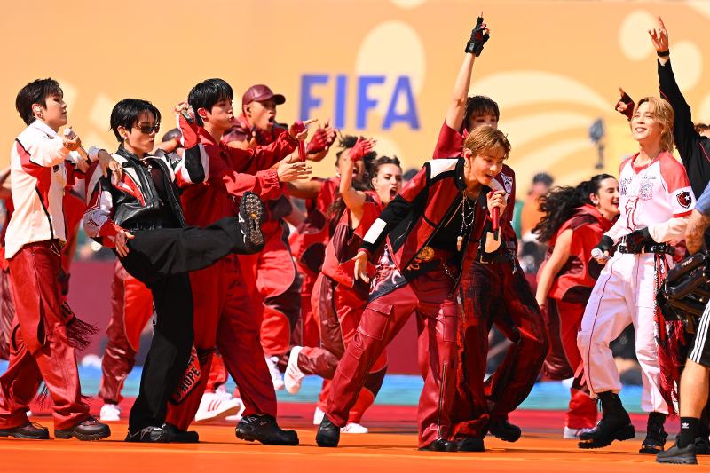 K-pop supernova BTS on July 19 performs at the halftime show of the championship game of this year's FIFA World Cup soccer finals at MetLife Stadium, called New York New Jersey Stadium for the tournament, in East Rutherford, New Jersey. (Yonhap News)